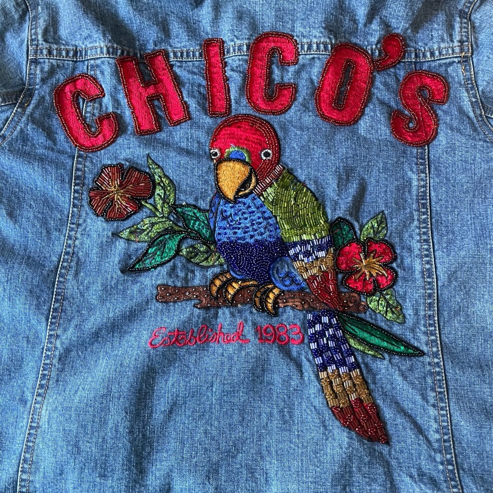 Chico's 1983 Anniversary Embroidered Denim Jacket with Parrot Design. Size 1 - Picture 10 of 12